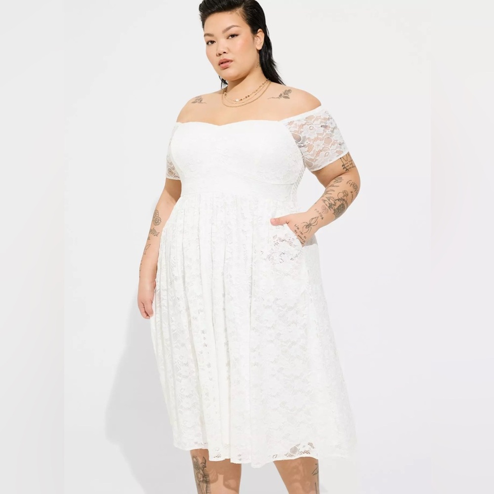Torrid Midi Lace Off Shoulder Skater Dress